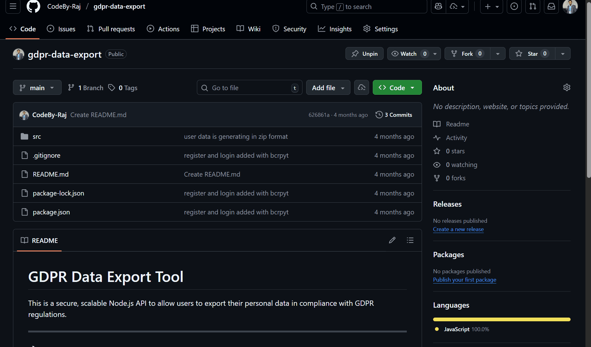 A screenshot of a GDPR data export API interface.